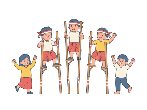 Illustration of happy Indonesian children playing traditional Egrang wooden stilt walking game for Independence Day celebration
