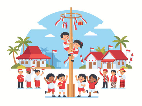 Indonesian Independence Day Celebration Illustration with Children Playing Panjat Pinang and People Waving Flags