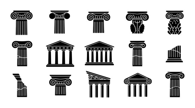 Ancient Greek and Roman Architecture Elements, Classical Columns and Pediments, Stone Building Icons, Historical Design Set