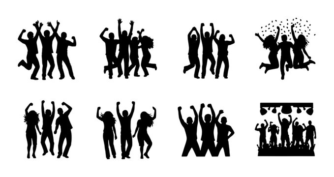 Joyful Celebration Silhouettes, Group Dancing Vector Icons, People Cheering Crowd, Festive Party Figures, Dynamic Celebration Graphics