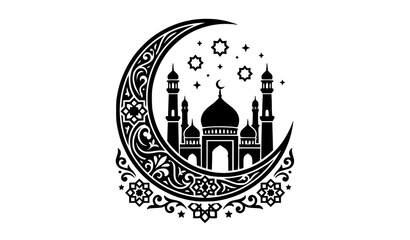 Modern Ramadan mosque silhouette with crescent moon and star Islamic vector illustration © MD