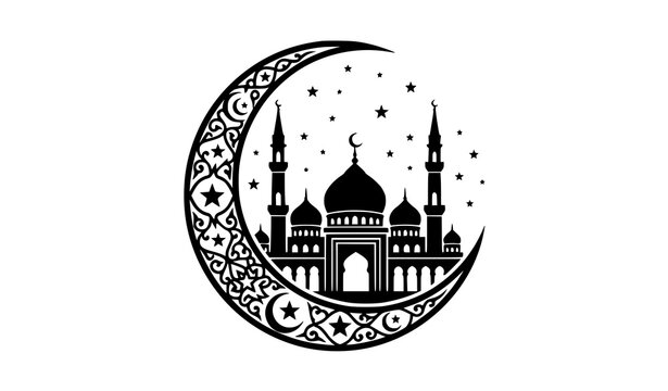 Elegant Islamic mosque silhouette inside crescent moon with stars Ramadan Kareem vector