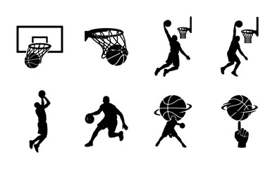 Basketball Player Silhouettes, Slam Dunk Action, Hoop and Ball Graphics, Dynamic Sports Vector Icons for Athletic Design © Nur