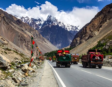 A scenic mountain road with trucks driving through