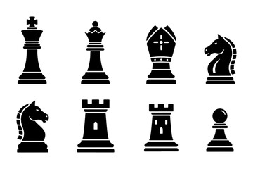 Classic Chess Pieces Vector Icons Set, Black Silhouette King, Queen, Rook, Knight, Bishop, Pawn Graphics for Strategy Games and Board Game Design © Jeba