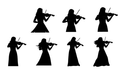 Violin Player Silhouettes, Female Musician Vector Icons, Classical Music Performance Art, Elegant Woman Playing Violin Set © Mehnaz
