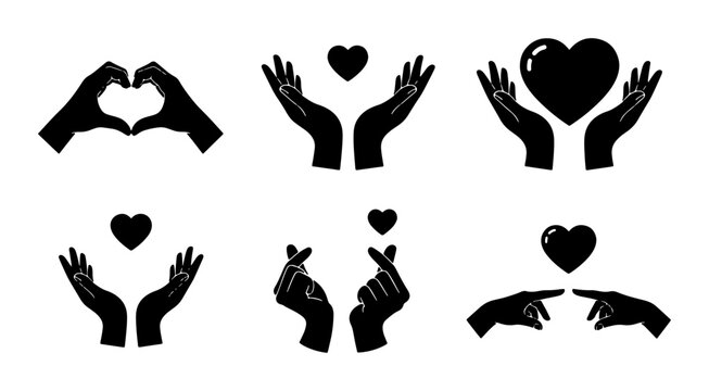 Set of Six Black Silhouette Hand Gestures with Hearts, Love and Care Icons, Romantic Symbols for Design