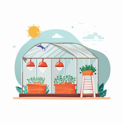 Obraz premium Greenhouse with plants and sun illustration