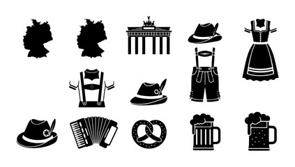 German Oktoberfest Icons Set: Lederhosen, Dirndl, Pretzels, Beer Mugs, Accordion, Brandenburg Gate, Traditional Hats, Vector Graphics © Mehnaz
