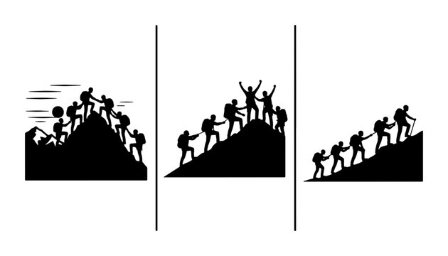 Teamwork Climbing Mountain Vector Icons, Success Achievement Silhouette Set, Outdoor Adventure Group Journey