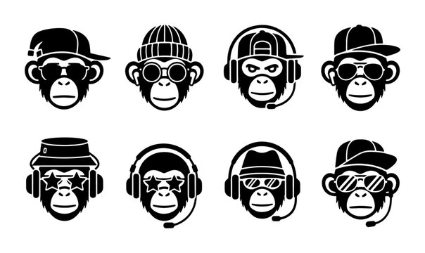Modern Monkey Icons Set: Urban Hip Hop & DJ Styles, Black & White Vector Graphics for Digital Media and Branding