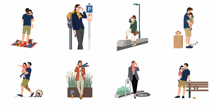 A collection of flat illustrations showing a father with his child and fashionable women in various urban and daily life settings.
