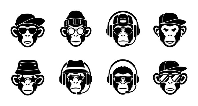 Cool Monkey Icons Set, Hip Hop Style, Urban Fashion, Music Lovers, Diverse Accessories, Vector Graphics Collection