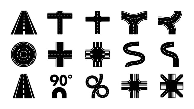 Road Intersection Icons Set: Diverse Junctions, Crossings, and Traffic Flow Vector Graphics for Navigation and Urban Planning