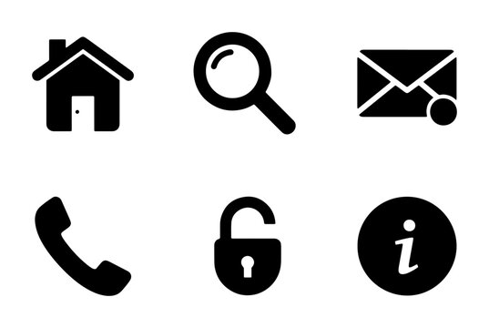 Set of 6 Black Vector Icons: Home, Search, Mail, Phone, Unlock, Information. Simple UI Symbols for Web and App Design