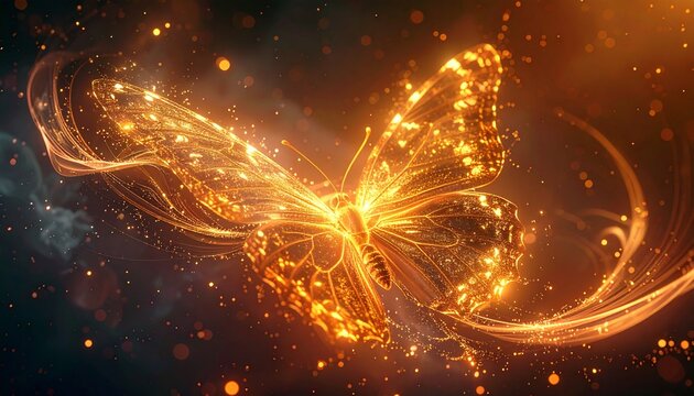 Glowing golden butterfly with light particles and swirling energy on a dark background