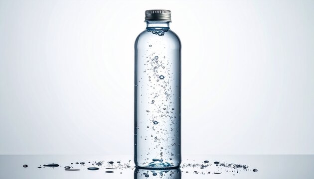 Clear glass water bottle with rising bubbles isolated on a white background