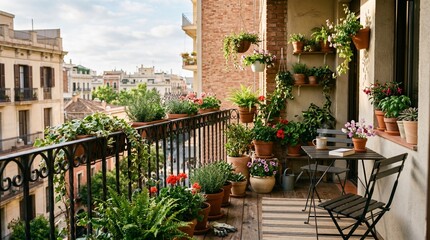 Obraz premium Cozy urban oasis apartment balcony adorned with vibrant potted plants and blooming flowers, creating a serene green escape amidst city architecture and residential buildings