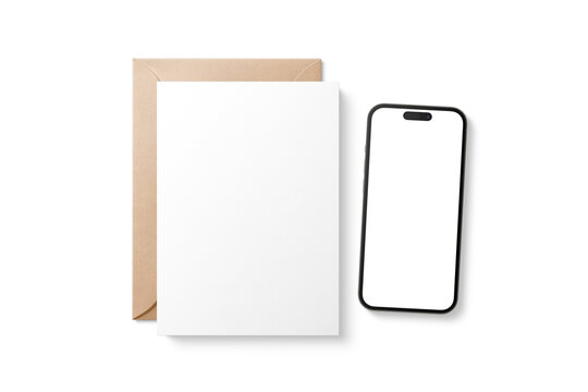 Kraft paper euro flap envelope, 5x7 invitation card and phone mockup isolated on transparent background, PNG. High Resolution.