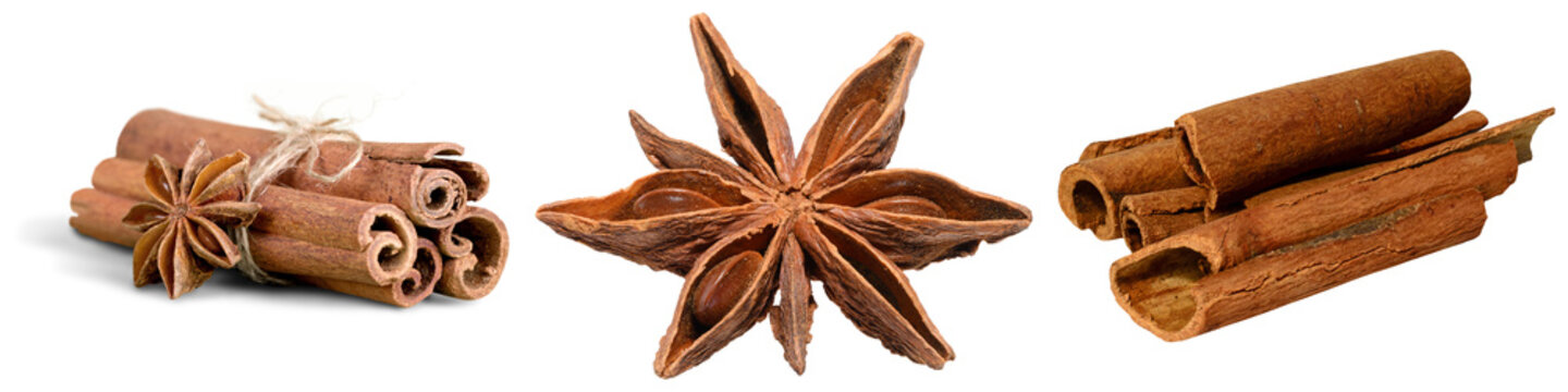 A collection of star anise and cinnamon sticks isolated on a white background