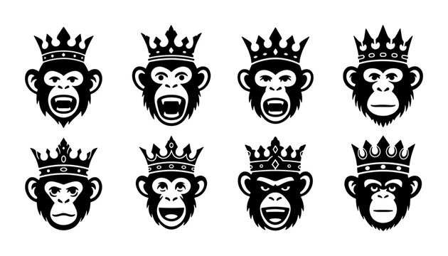 Royal Monkey Icons Set, King Primate Faces with Crowns, Black and White Vector Graphics for Branding and Design