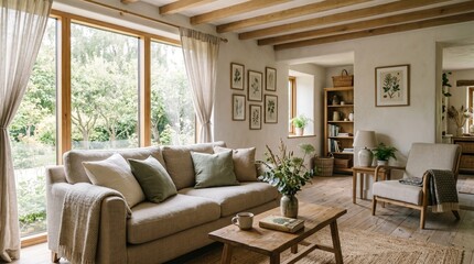 Fototapeta premium Bright and comfortable living room interior bathed in natural light, showcasing a cozy sofa, rustic wooden table, and expansive windows overlooking a serene garden