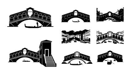 Venetian Bridge Silhouettes, Rialto Bridge Icons, Gondola Waterway Scenes, Italian Architecture Vector Collection © Mehnaz