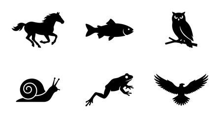 Six Silhouette Icons: Horse, Fish, Owl, Snail, Frog, Eagle Vector Set for Wildlife and Nature Graphics © Nur