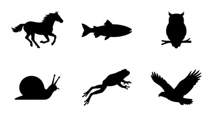 Silhouette Animal Collection: Horse, Salmon, Owl, Snail, Frog, Eagle Vector Icons for Nature and Wildlife Graphics © Nur