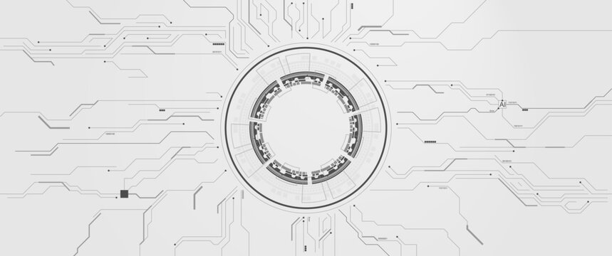 Abstract technology circuit board background with HUD circular interface and binary code for AI and digital innovation concept