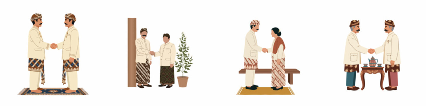 Set of Illustrations Depicting Indonesian People in Traditional Javanese Attire Shaking Hands for Celebration, Greeting, or Formal Occasions on White Background