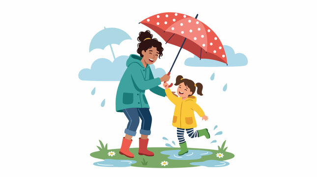 Cheerful parent and child share colorful umbrellas as they walk through a rainy park, enjoying a warm bonding moment