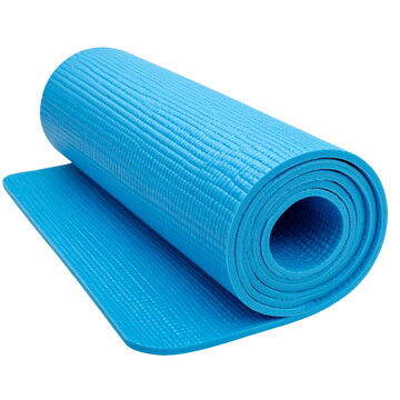 Rolled light blue yoga mat exercise equipment isolated on transparent background