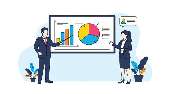 Business professionals presenting data charts and graphs on a whiteboard to explain market trends and company performance.