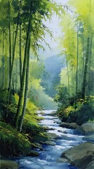 Obraz premium A serene bamboo forest with a flowing stream surrounded by lush greenery and soft sunlight filtering through the leaves.