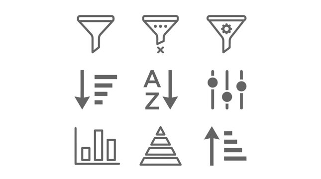 Set of UI icons representing data filtering sorting and chart visualization.