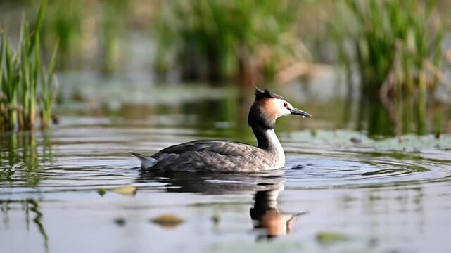 Graceful great crested grebe on a tranquil lake, diving and emerging with water droplets, natural behavior