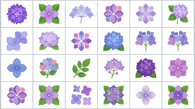 Set of watercolor illustrations of blue and purple hydrangea flowers and leaves.