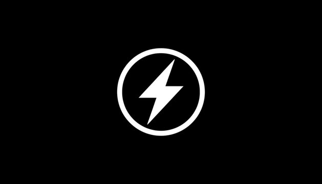 Electric lightning bolt symbol in white circle on black background energy and power icon for design