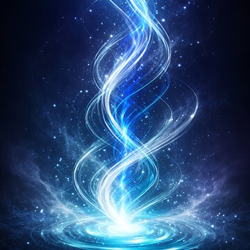 Glowing Blue Energy Spiral Rising from Light Portal, Abstract Quantum Power Flow, Mystical Plasma Stream and Futuristic Cosmic Science Background
