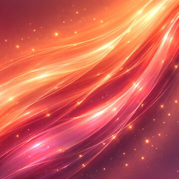 Glowing Coral Light Ribbons with Sparkling Particles, Abstract Sunset Energy Flow, Luminous Motion Streaks and Warm Radiant Fantasy Background