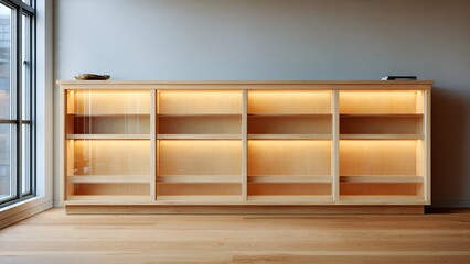 Fototapeta premium Modern light wood display cabinet with integrated warm LED lighting, featuring glass doors and
