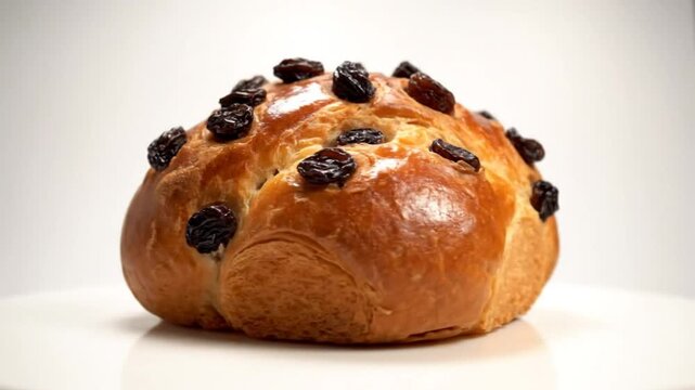 Delicious golden baked raisin bread with glossy glaze displayed on a white surface, appetizing food concept