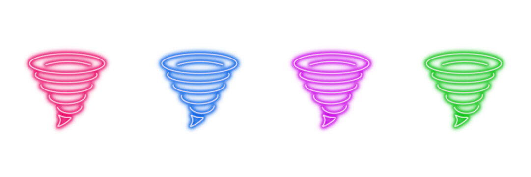 Neon glowing tornado vector icons set, twister, whirlwind, storm, hurricane, vibrant colorful digital design illustration on transparent background.