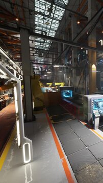 Inside a large warehouse, machinery is seen positioned along the walls. Bright lights illuminate the area, revealing sleek surfaces and equipment. Workers move around, engaging with tools.