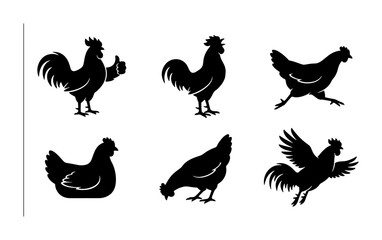 Rooster and Hen Silhouettes, Farm Animal Icons, Poultry Vector Graphics, Agricultural Bird Collection © Nusrat
