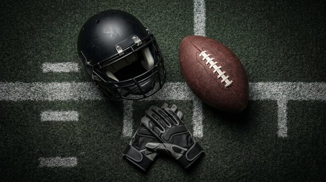 American football equipment including a helmet, ball, and gloves on a field