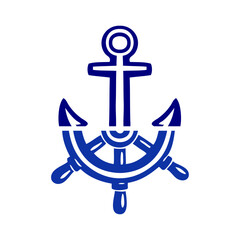 Logo nautical. Dibujo minimalista estilo vintage con líneas de un volante de timón que se fusiona con un ancla de barco  © teracreonte