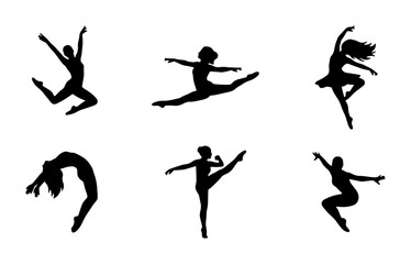 Ballet Dancer Silhouettes, Dynamic Poses, Graceful Movements, Modern Dance Figures, Performance Art, Black and White Vector Set © Nusrat