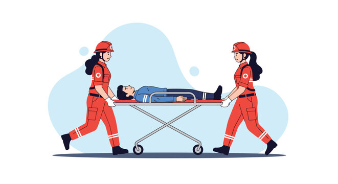 Two professional paramedics in red uniforms carry a patient on a stretcher to provide urgent medical assistance.